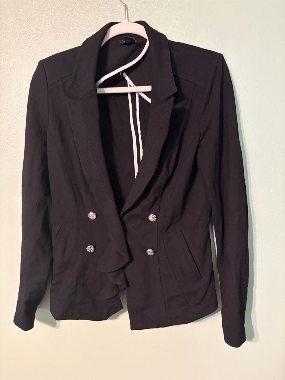 Women's Black Double-Breasted Ruffle Blazer